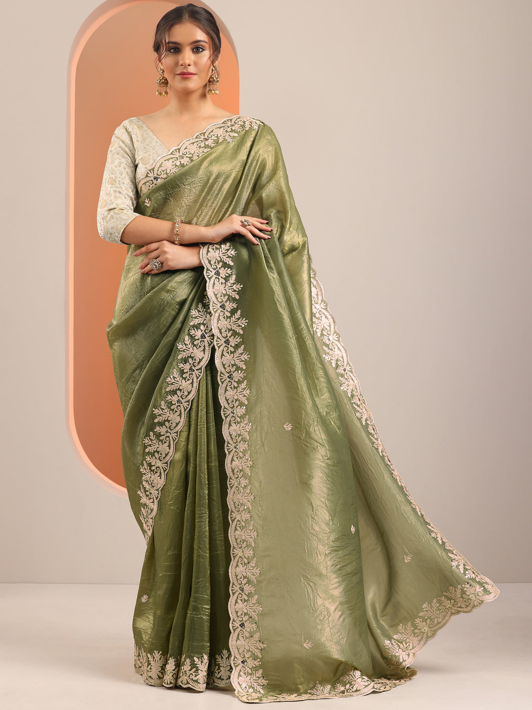 Olive Embroidered Jimmy Choo Organza Saree With Unstitched Blouse Piece