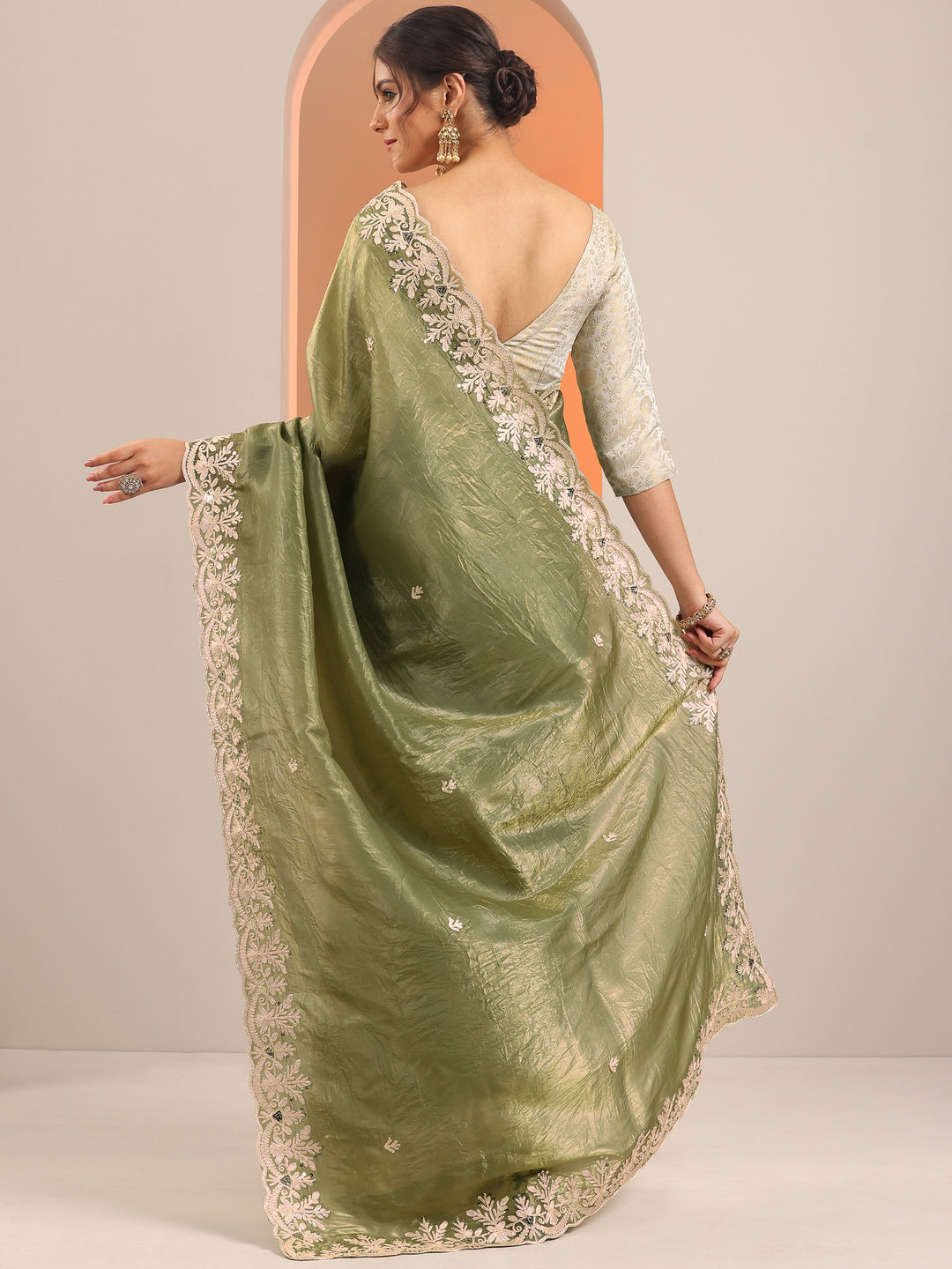 Olive Embroidered Jimmy Choo Organza Saree With Unstitched Blouse Piece