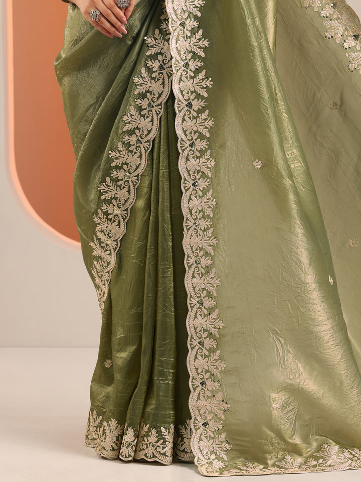 Olive Embroidered Jimmy Choo Organza Saree With Unstitched Blouse Piece
