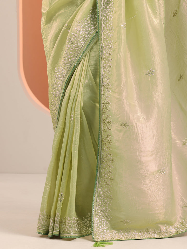 Green Embroidered Jimmy Choo Organza Saree With Unstitched Blouse Piece
