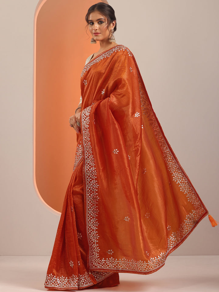 Orange Embroidered Organza Saree With Unstitched Blouse Piece