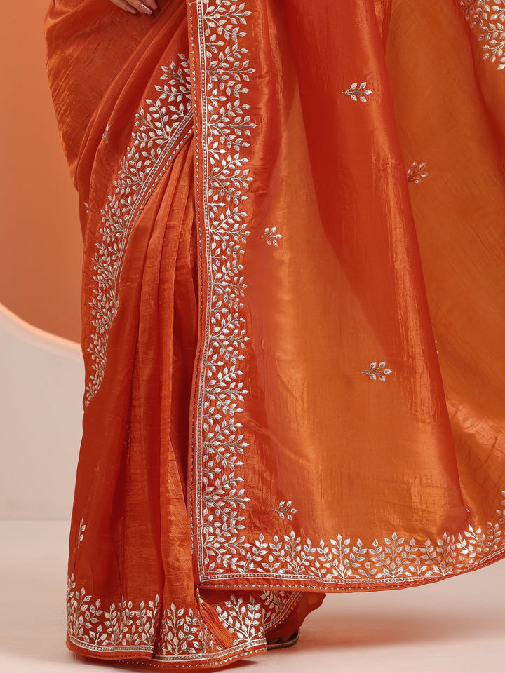 Orange Embroidered Organza Saree With Unstitched Blouse Piece