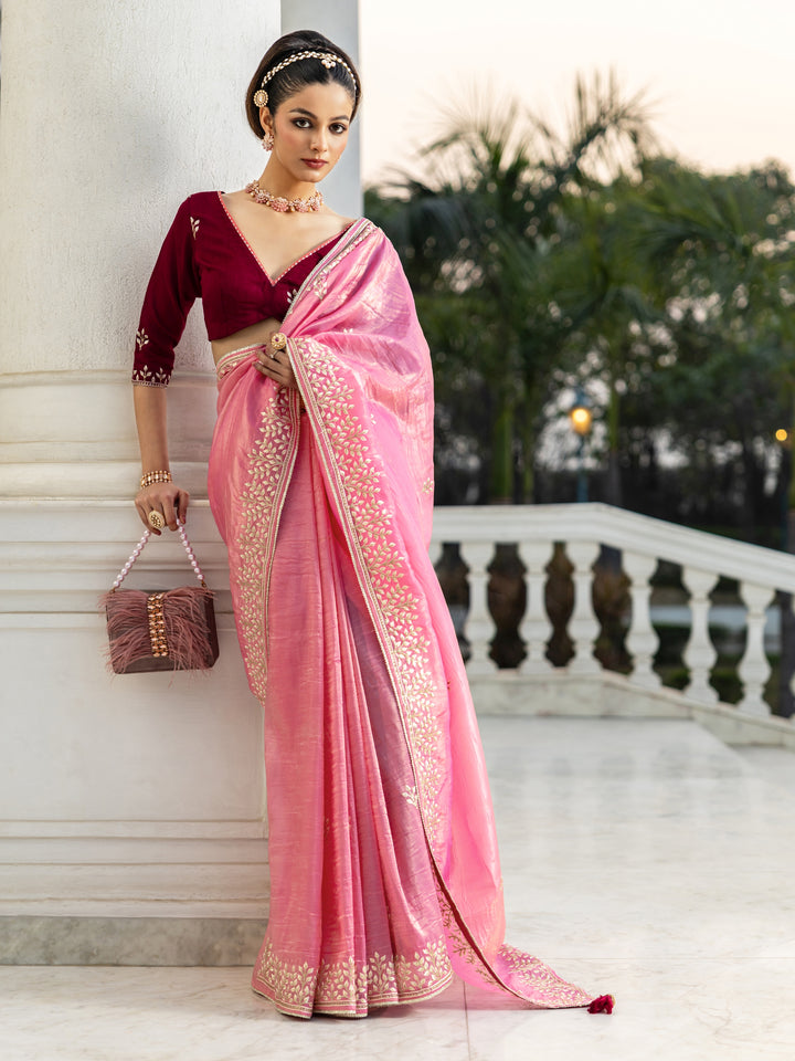Pink Embroidered Organza Saree With Unstitched Blouse Piece