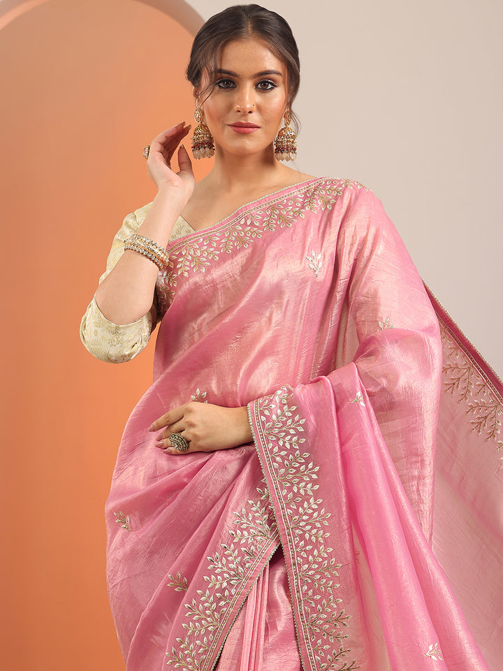 Pink Embroidered Organza Saree With Unstitched Blouse Piece