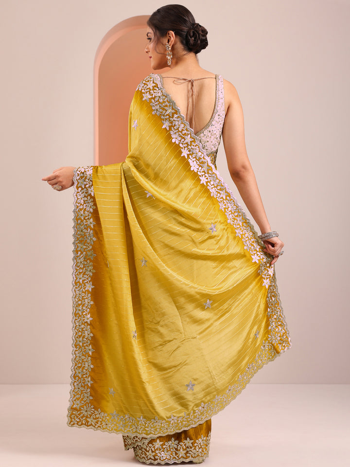 Yellow Embellished Crepe Saree With Unstitched Blouse Piece