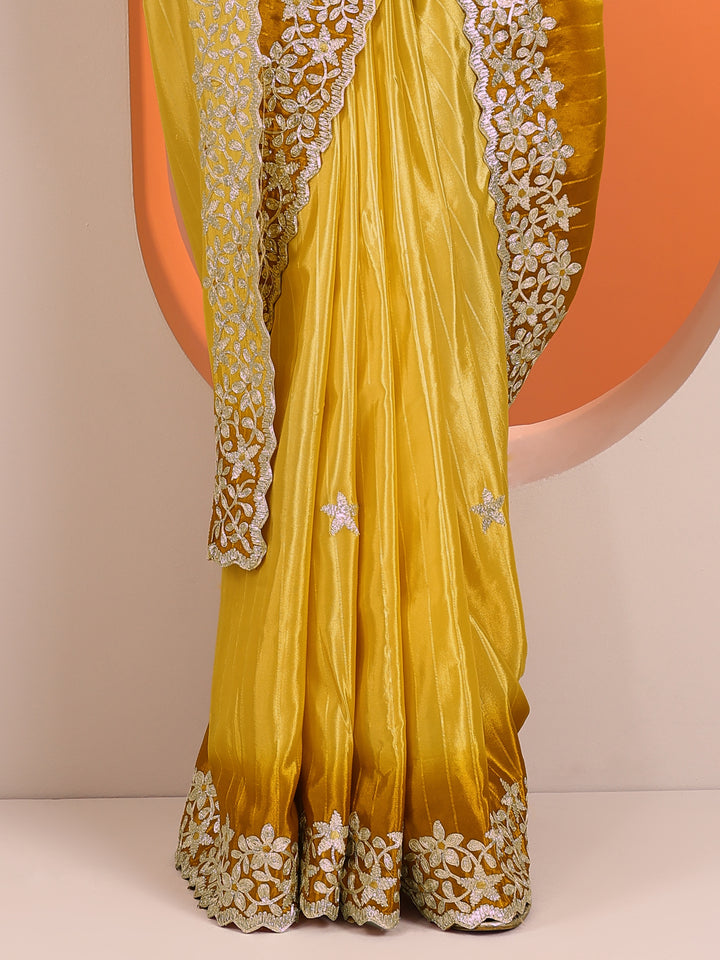 Yellow Embellished Crepe Saree With Unstitched Blouse Piece