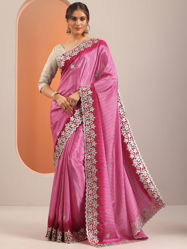 Pink Embellished Crepe Saree With Unstitched Blouse Piece