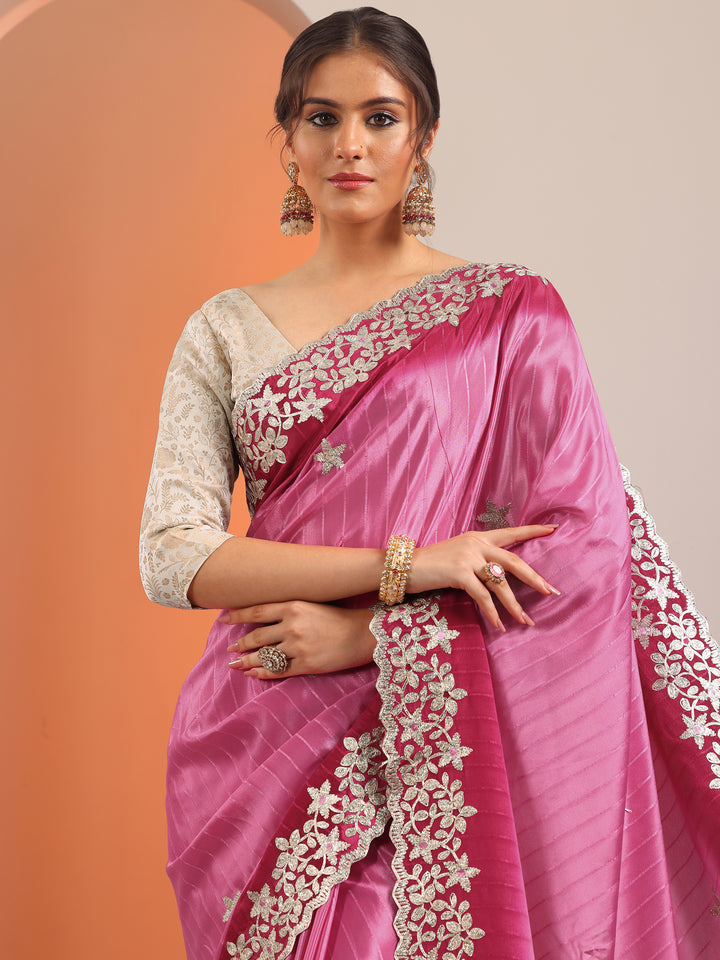Pink Embellished Crepe Saree With Unstitched Blouse Piece
