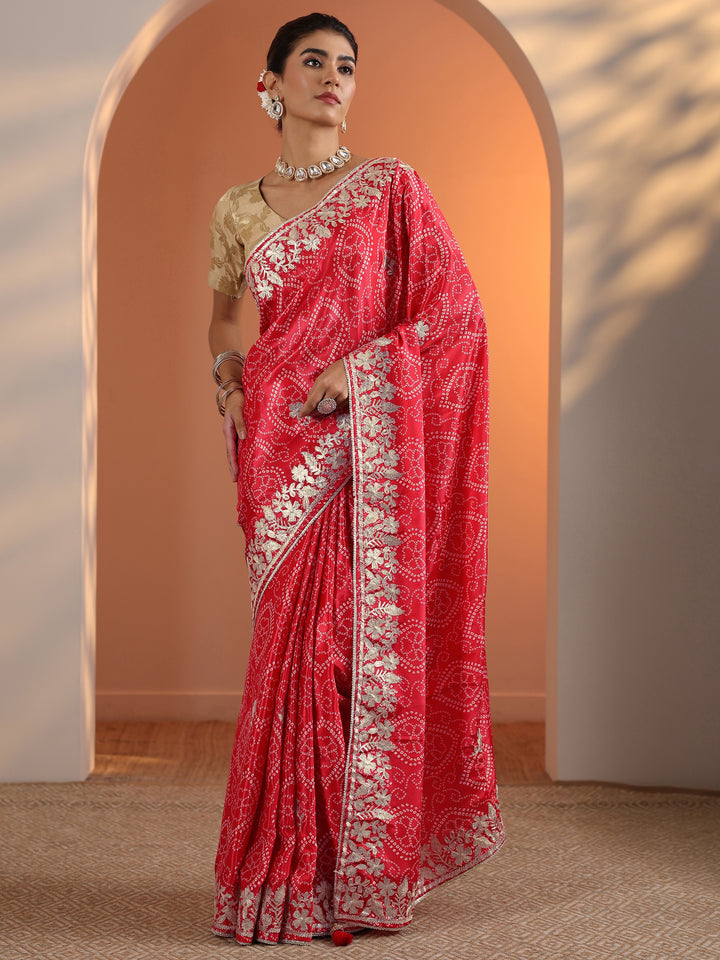 Red Bandhani Printed Chinon Saree With Unstitched Blouse Piece