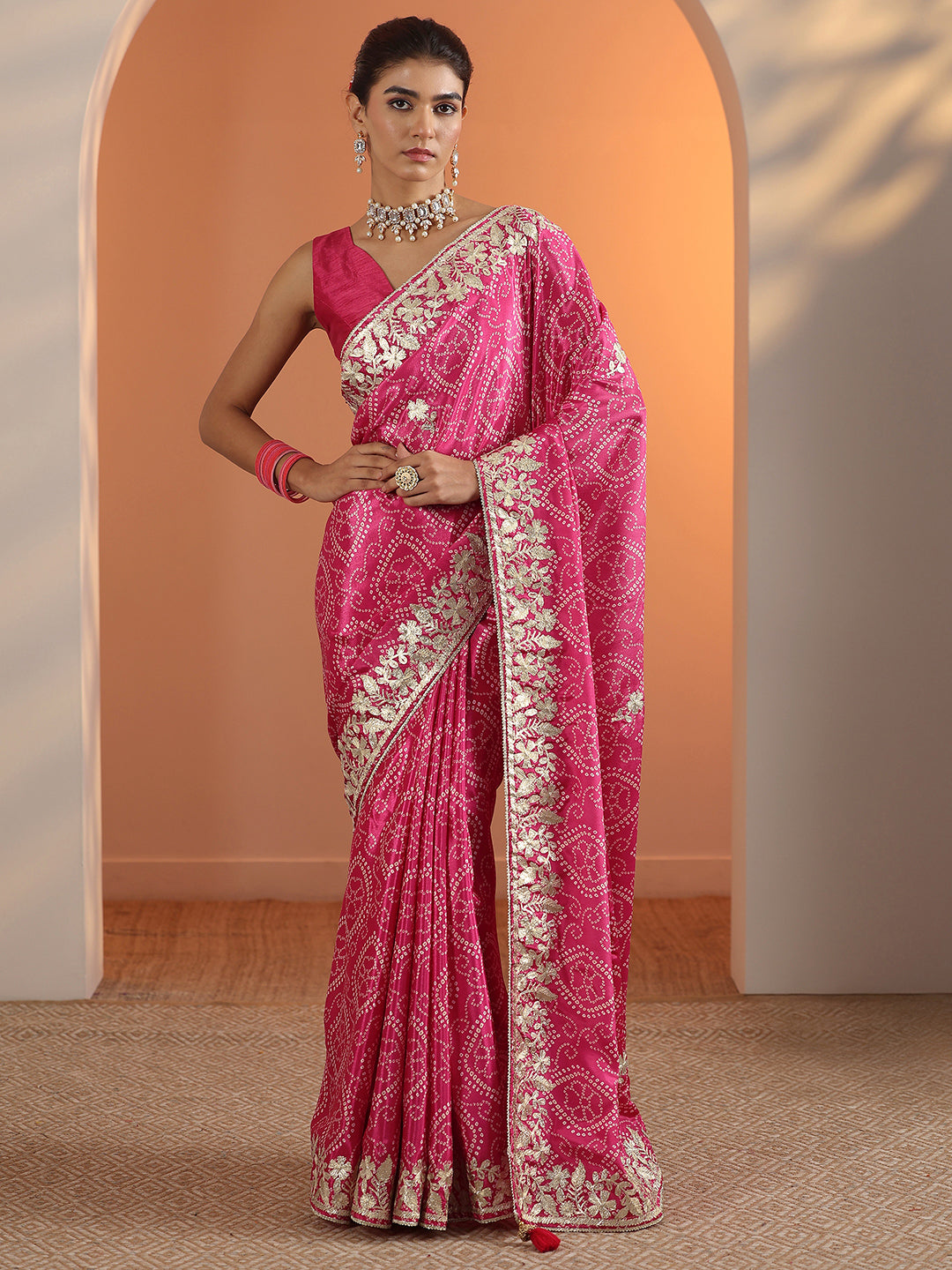 Pink Bandhani Printed Chinon Saree With Unstitched Blouse Piece