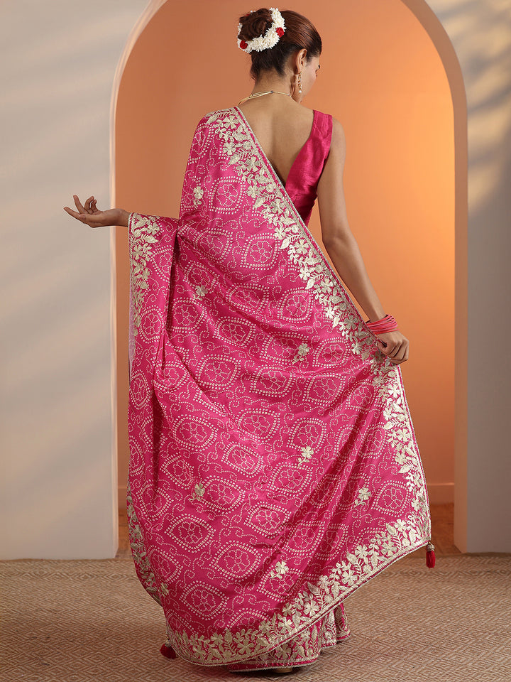 Pink Bandhani Printed Chinon Saree With Unstitched Blouse Piece