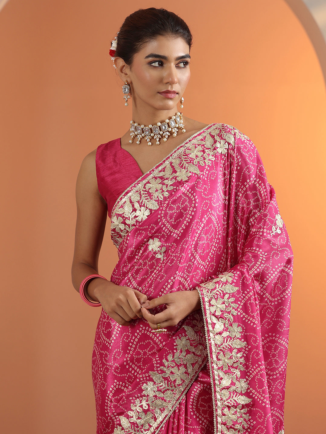 Pink Bandhani Printed Chinon Saree With Unstitched Blouse Piece