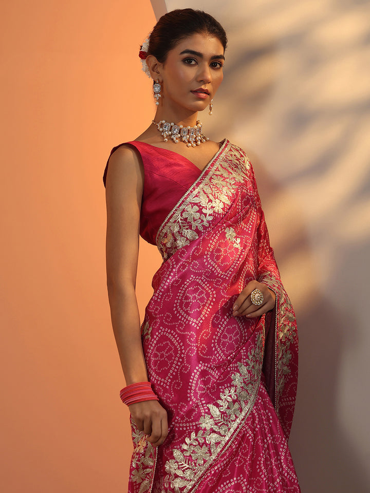 Pink Bandhani Printed Chinon Saree With Unstitched Blouse Piece