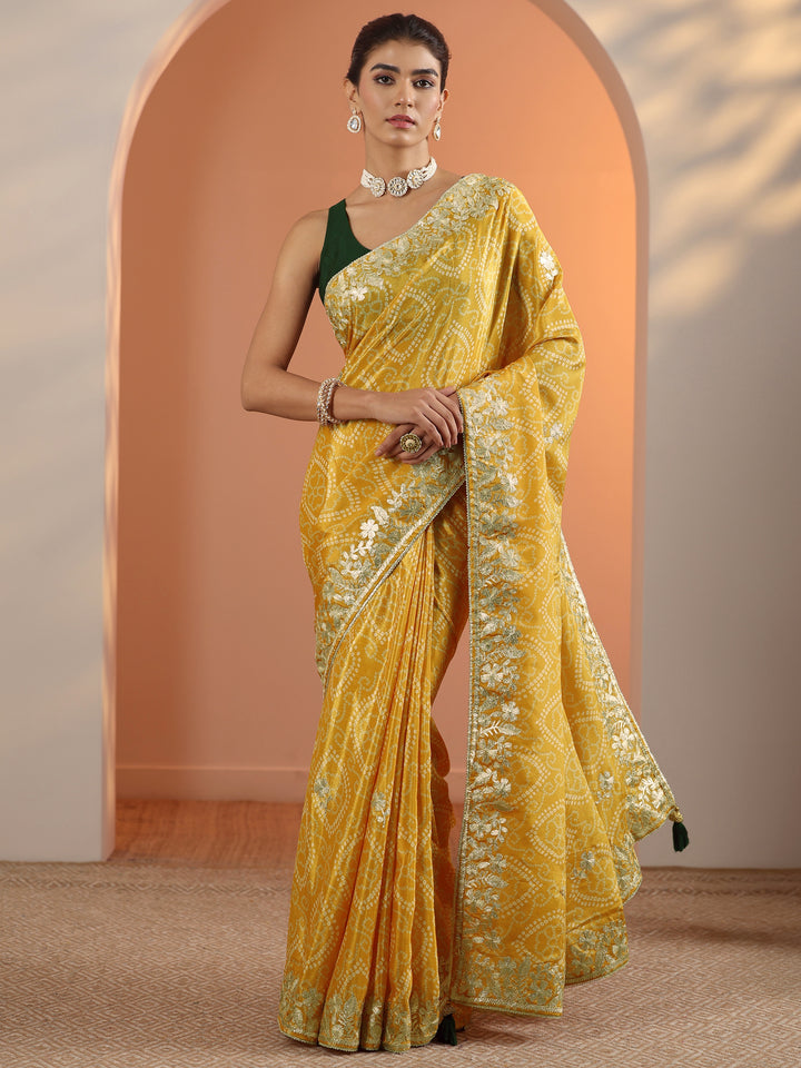 Yellow Bandhani Printed Chinon Saree With Unstitched Blouse Piece