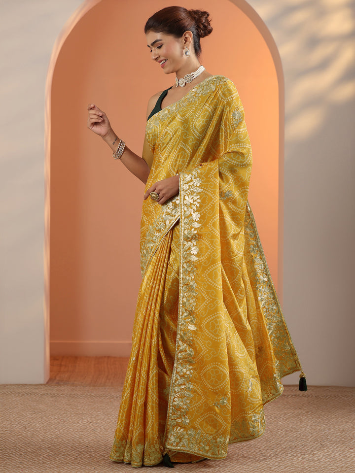 Yellow Bandhani Printed Chinon Saree With Unstitched Blouse Piece