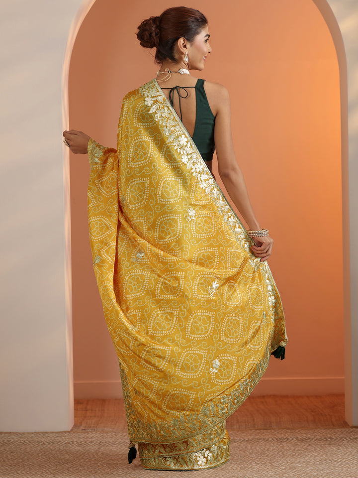 Yellow Bandhani Printed Chinon Saree With Unstitched Blouse Piece