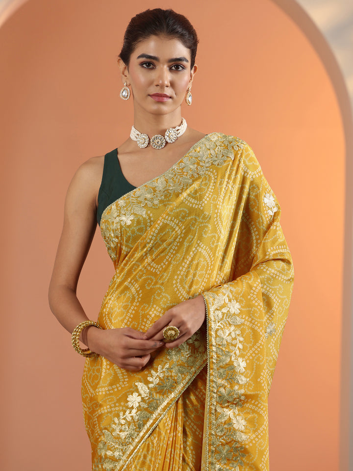 Yellow Bandhani Printed Chinon Saree With Unstitched Blouse Piece