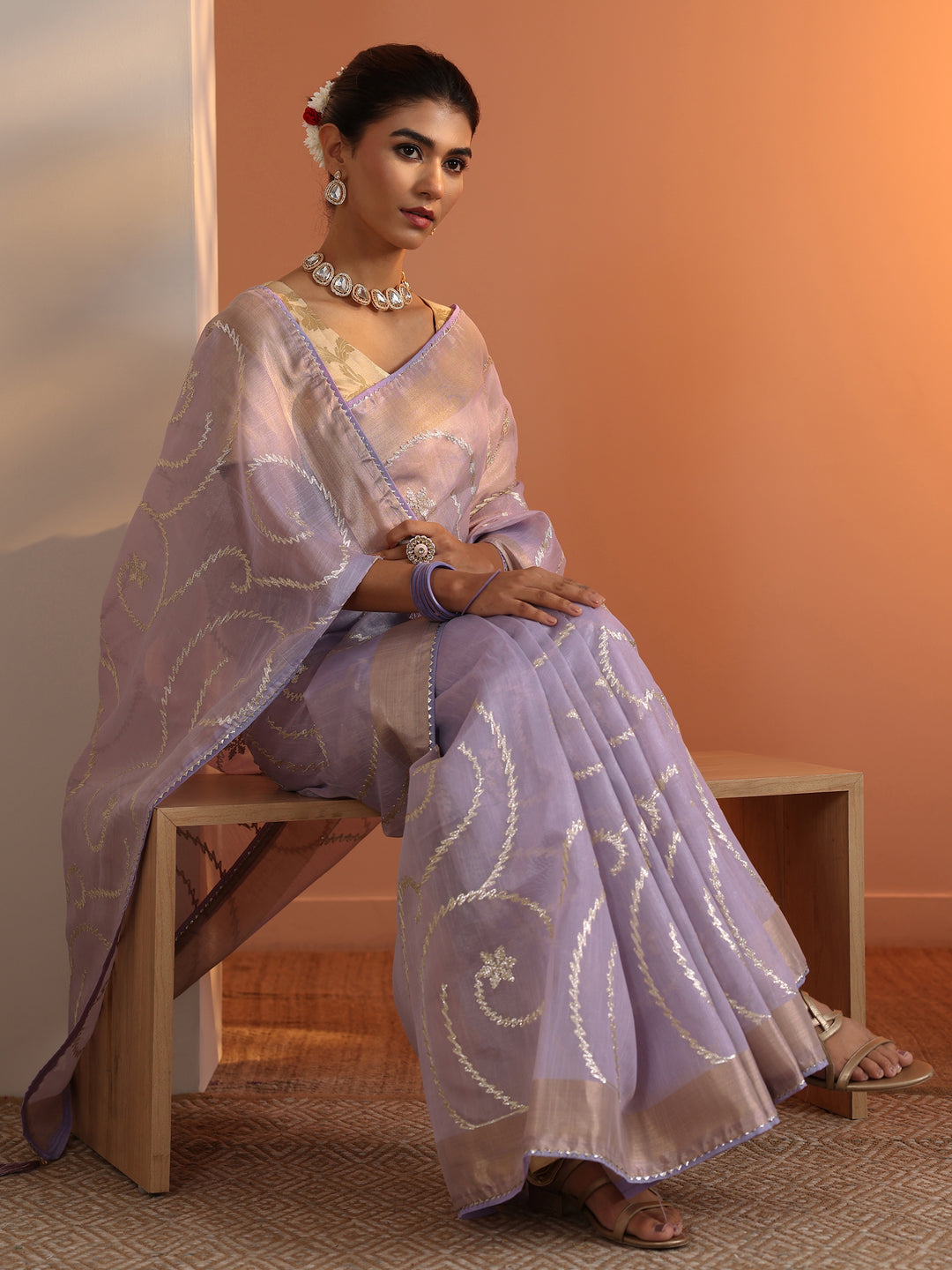 Lavender Embellished Nylon Saree With Unstitched Blouse Piece