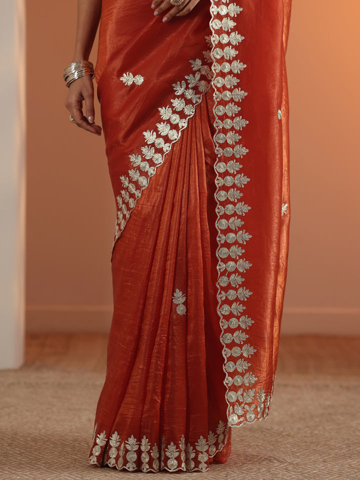 Orange Embroidered Organza Saree With Unstitched Blouse Piece