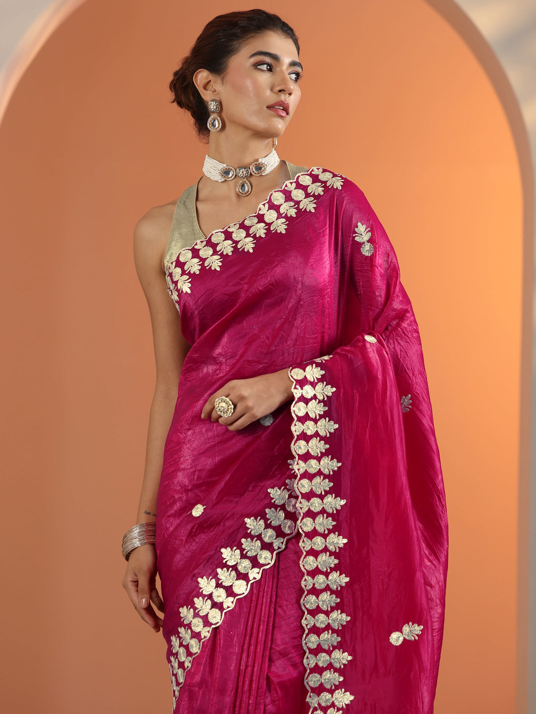 Pink Embroidered Jimmy Choo Organza Saree With Unstitched Blouse Piece