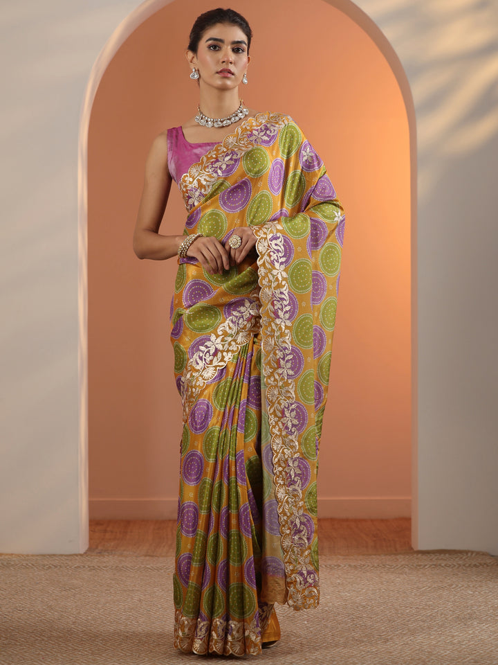 Mustard Printed Crepe Saree With Unstitched Blouse Piece