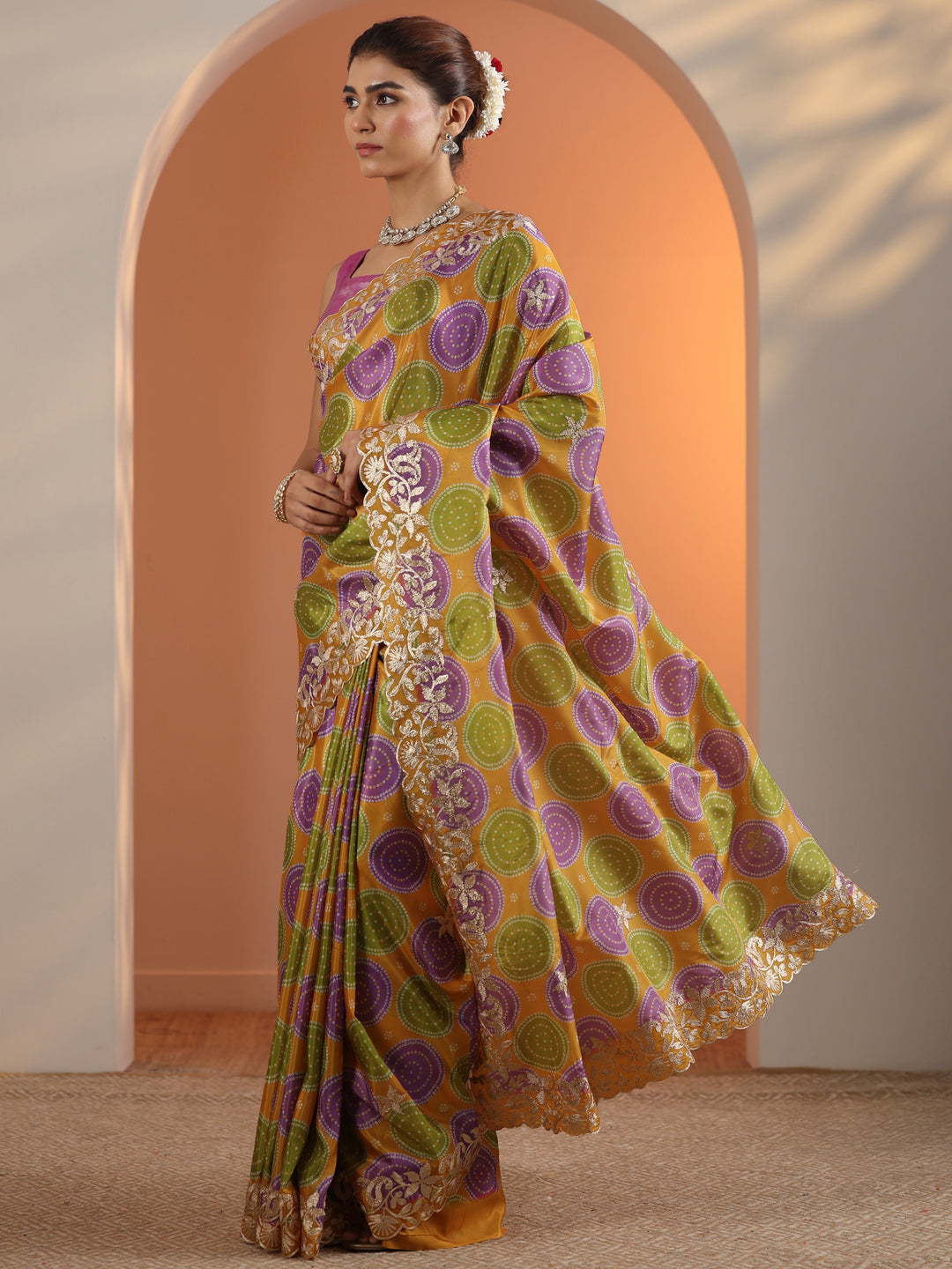 Mustard Printed Crepe Saree With Unstitched Blouse Piece