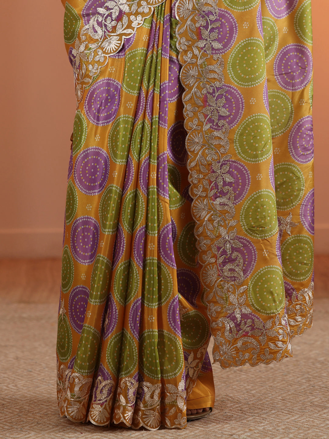 Mustard Printed Crepe Saree With Unstitched Blouse Piece