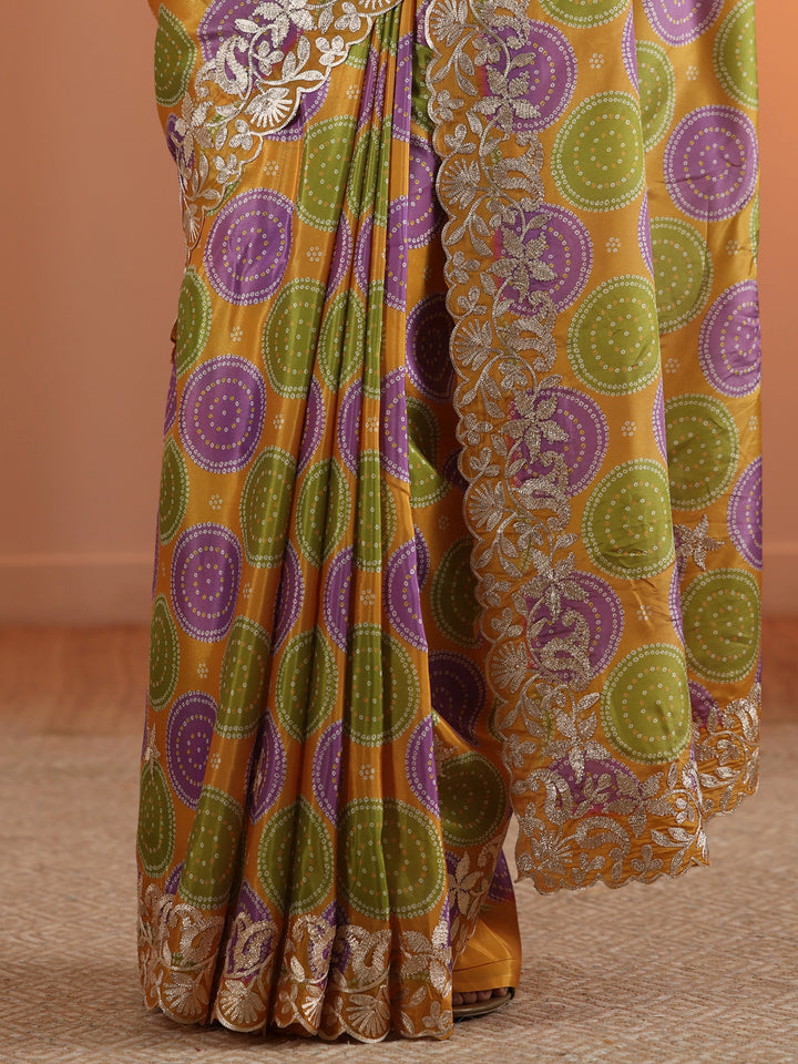 Mustard Printed Crepe Saree With Unstitched Blouse Piece
