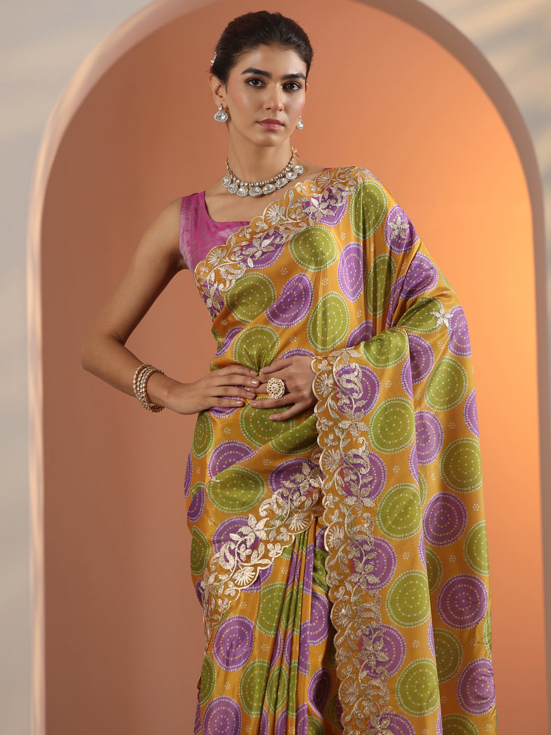 Mustard Printed Crepe Saree With Unstitched Blouse Piece