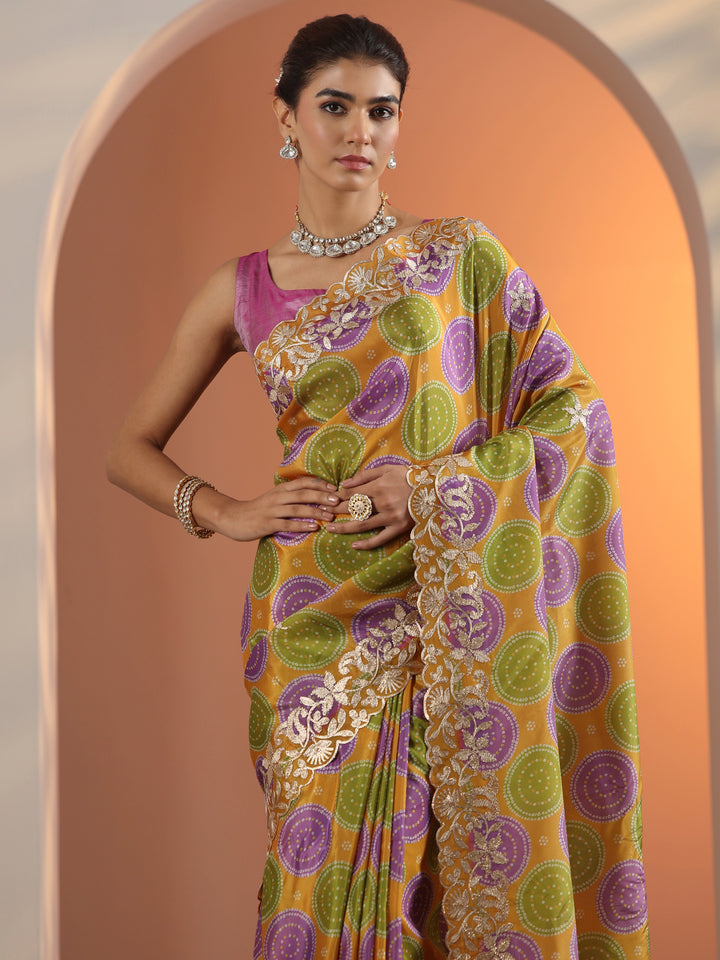 Mustard Printed Crepe Saree With Unstitched Blouse Piece