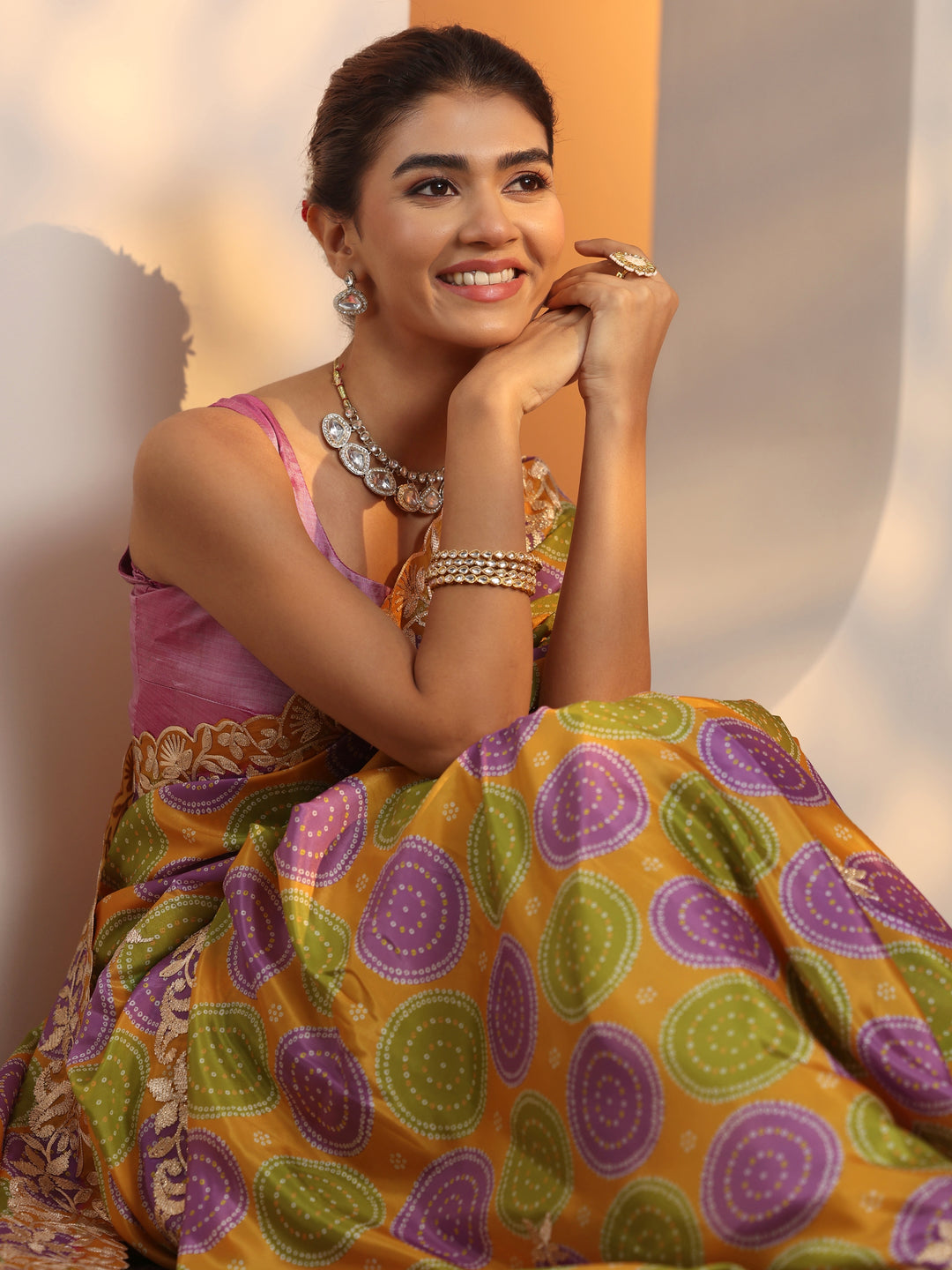 Mustard Printed Crepe Saree With Unstitched Blouse Piece