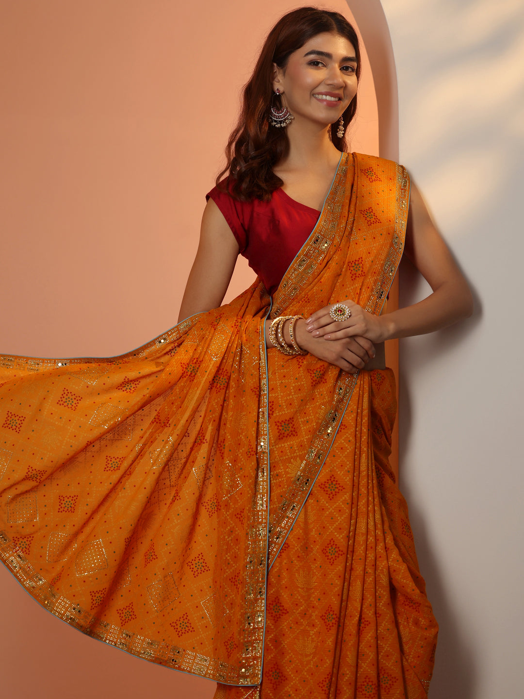 Mustard Printed Georgette Saree With Unstitched Blouse Piece