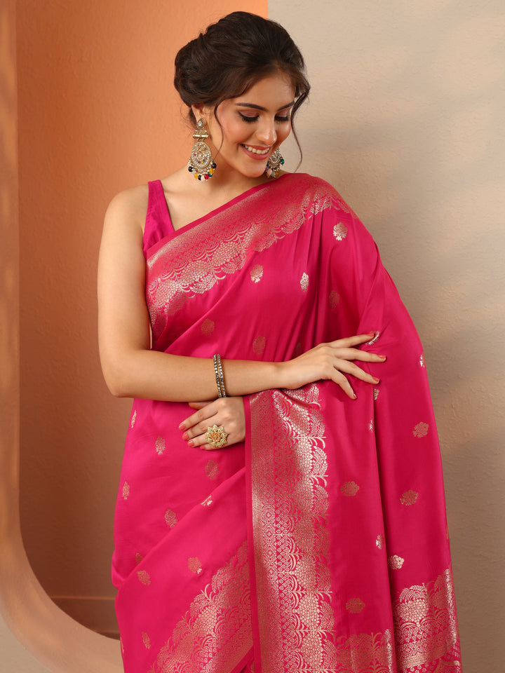Pink Woven Design Banarasi Silk Blend Saree With Unstitched Blouse Piece