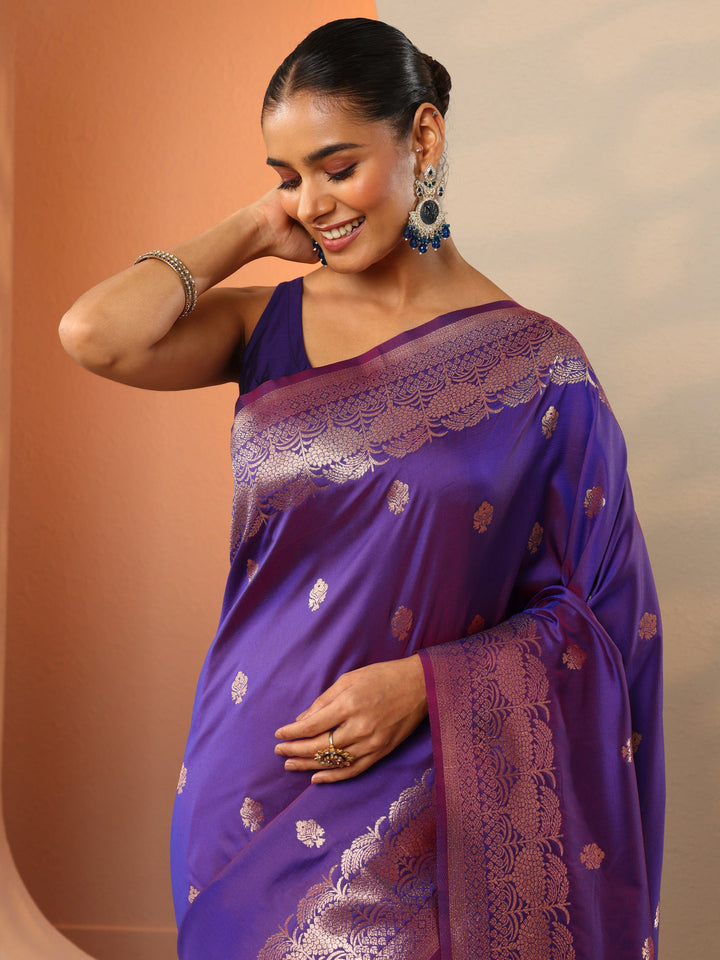 Purple Woven Design Banarasi Silk Blend Saree With Unstitched Blouse Piece