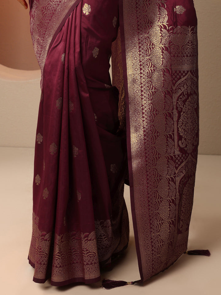 Maroon Woven Design Banarasi Silk Blend Saree With Unstitched Blouse Piece