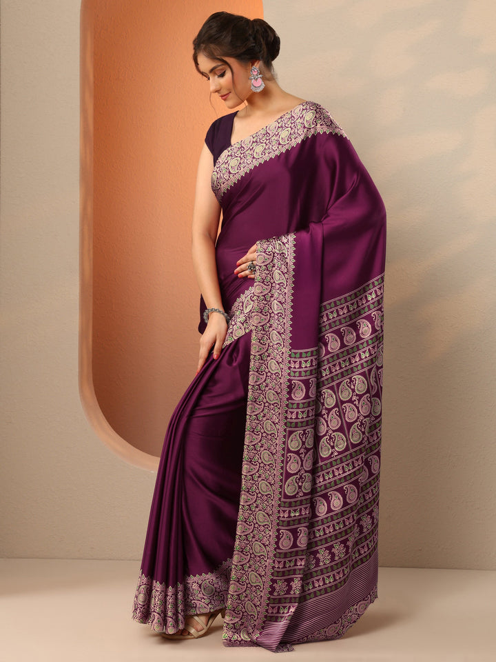 Burgundy Solid Satin Saree With Unstitched Blouse Piece