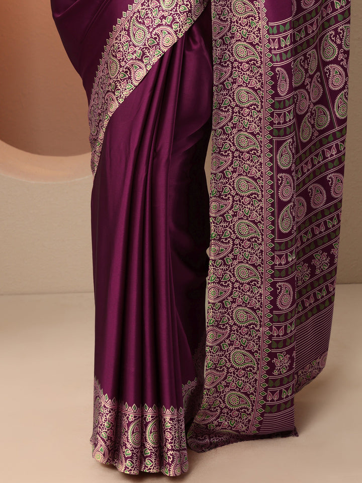 Burgundy Solid Satin Saree With Unstitched Blouse Piece