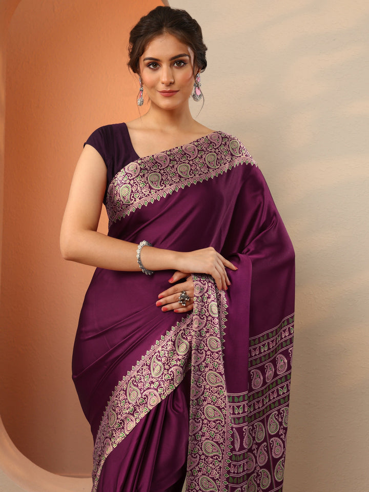 Burgundy Solid Satin Saree With Unstitched Blouse Piece