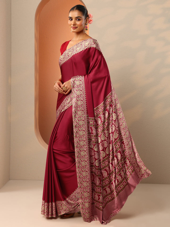 Red Solid Satin Saree With Unstitched Blouse Piece
