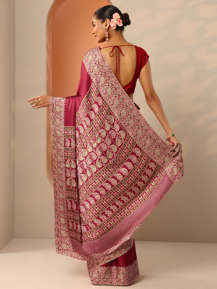 Red Solid Satin Saree With Unstitched Blouse Piece