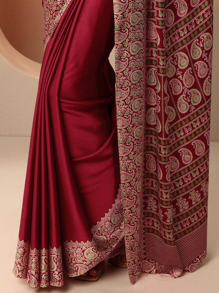 Red Solid Satin Saree With Unstitched Blouse Piece
