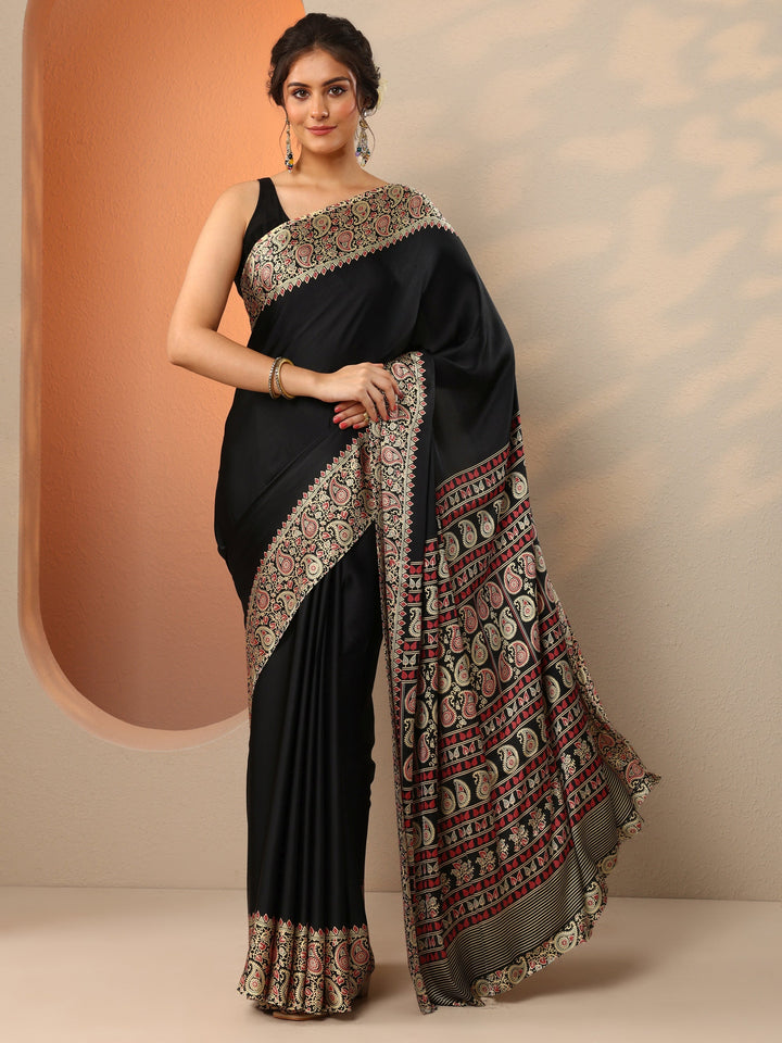 Black Solid Satin Saree With Unstitched Blouse Piece