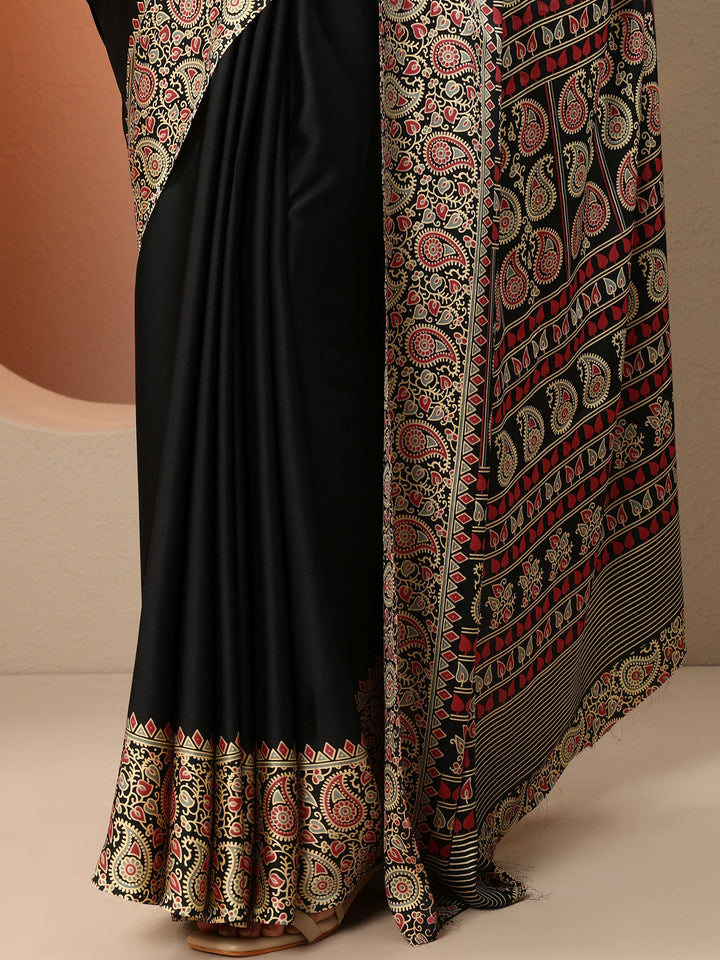 Black Solid Satin Saree With Unstitched Blouse Piece
