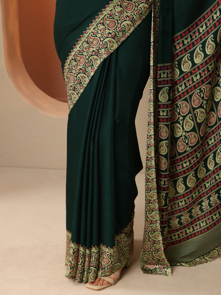 Green Solid Satin Saree With Unstitched Blouse Piece