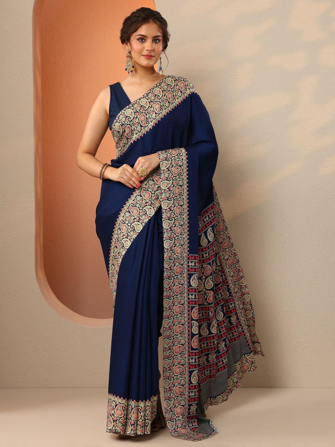 Navy Blue Solid Satin Saree With Unstitched Blouse Piece
