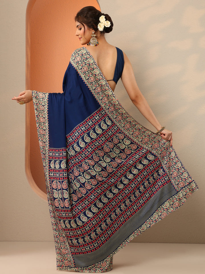 Navy Blue Solid Satin Saree With Unstitched Blouse Piece