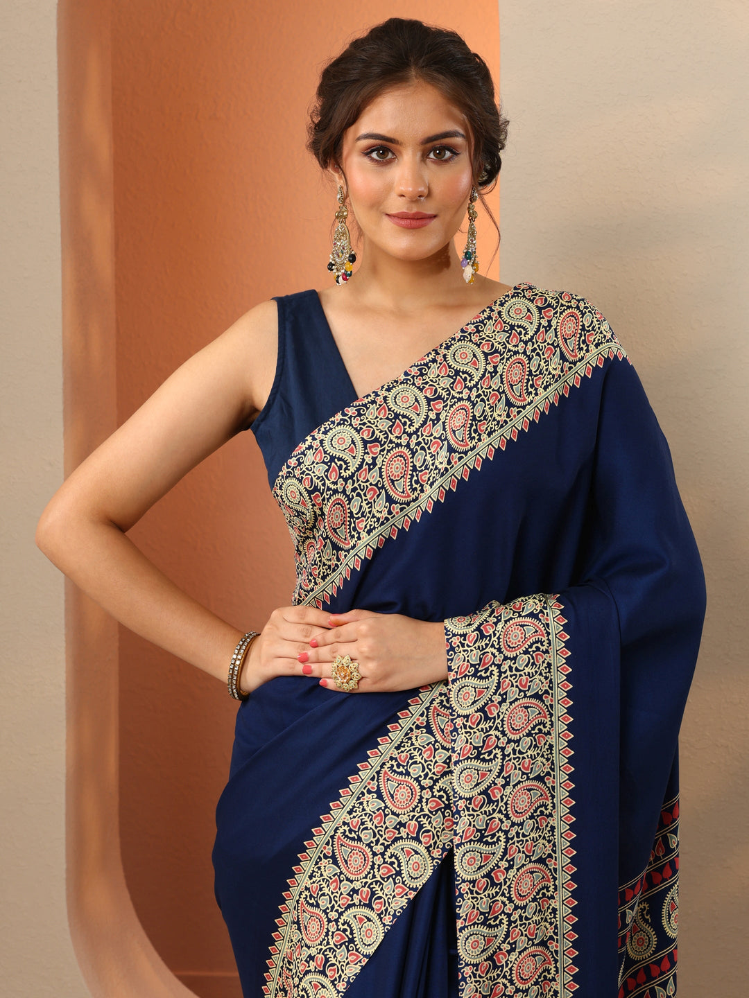 Navy Blue Solid Satin Saree With Unstitched Blouse Piece