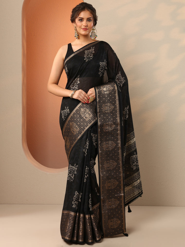 Black Printed Georgette Saree With Unstitched Blouse Piece