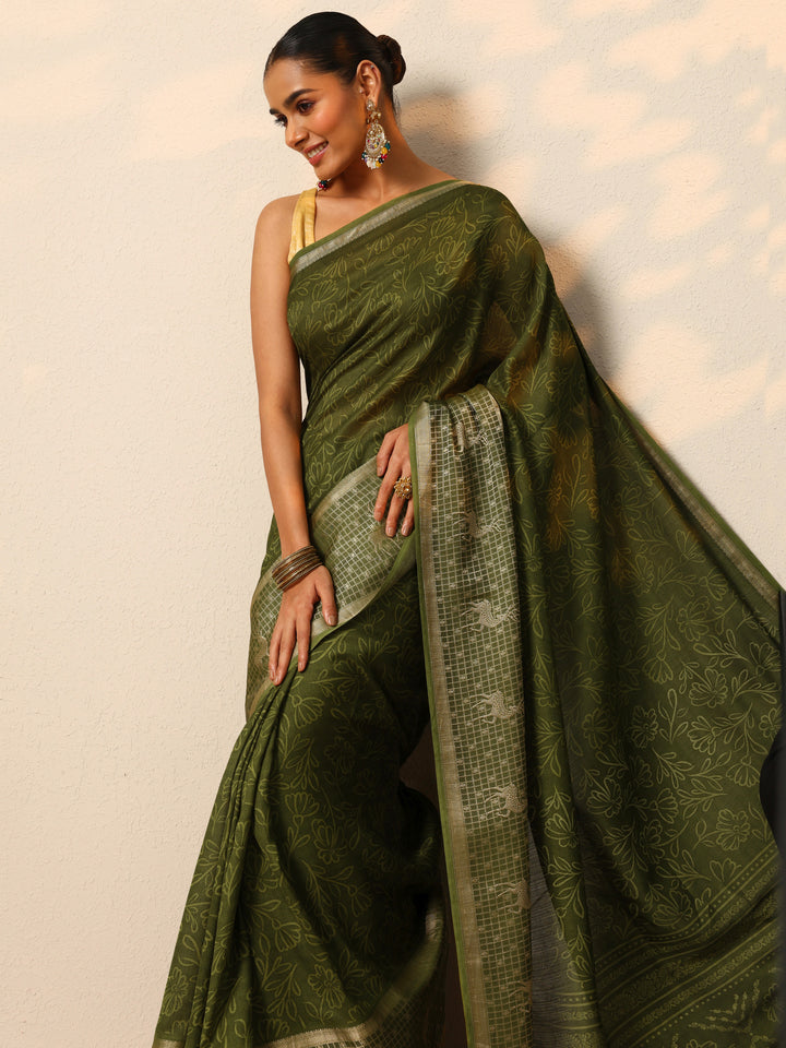 Green Printed Georgette Saree With Unstitched Blouse Piece