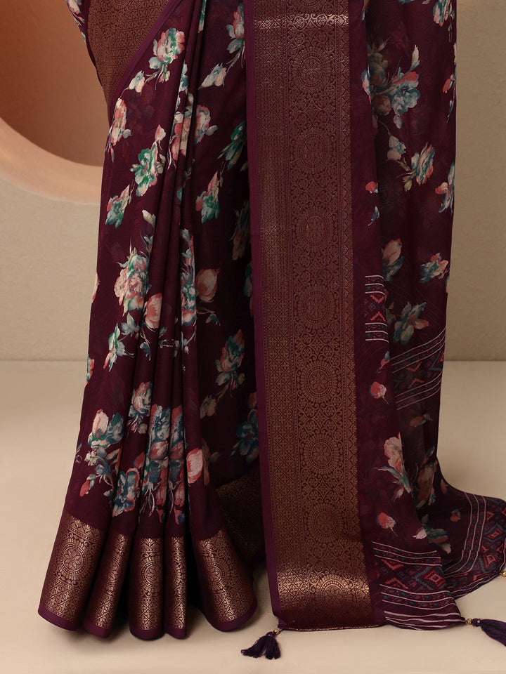 Burgundy Printed Georgette Saree With Unstitched Blouse Piece